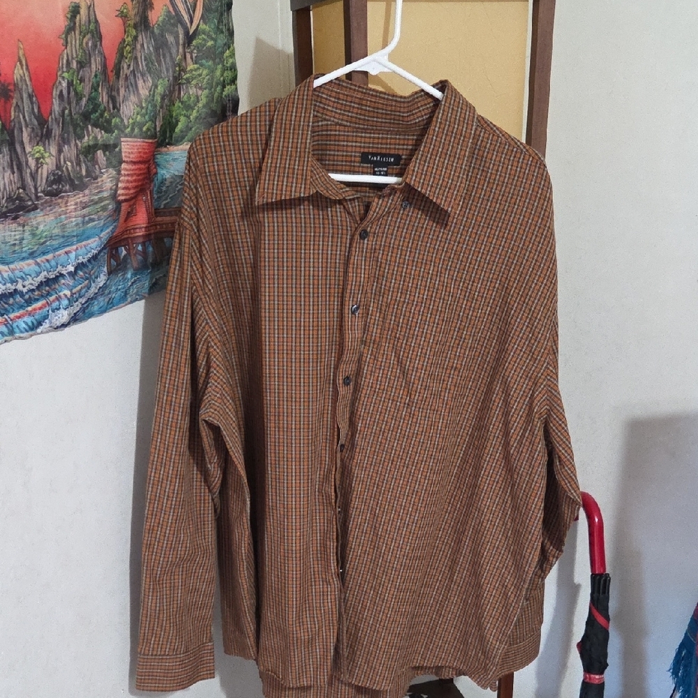 Van Heusen Men's Orange and Black Plaid Shirt